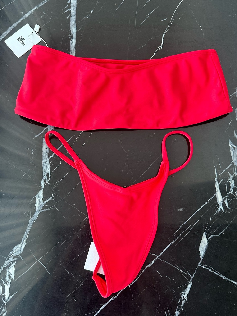 Bare Bottom Swim Red Bandeau Bikini Top & Thong Botton Set Size Small